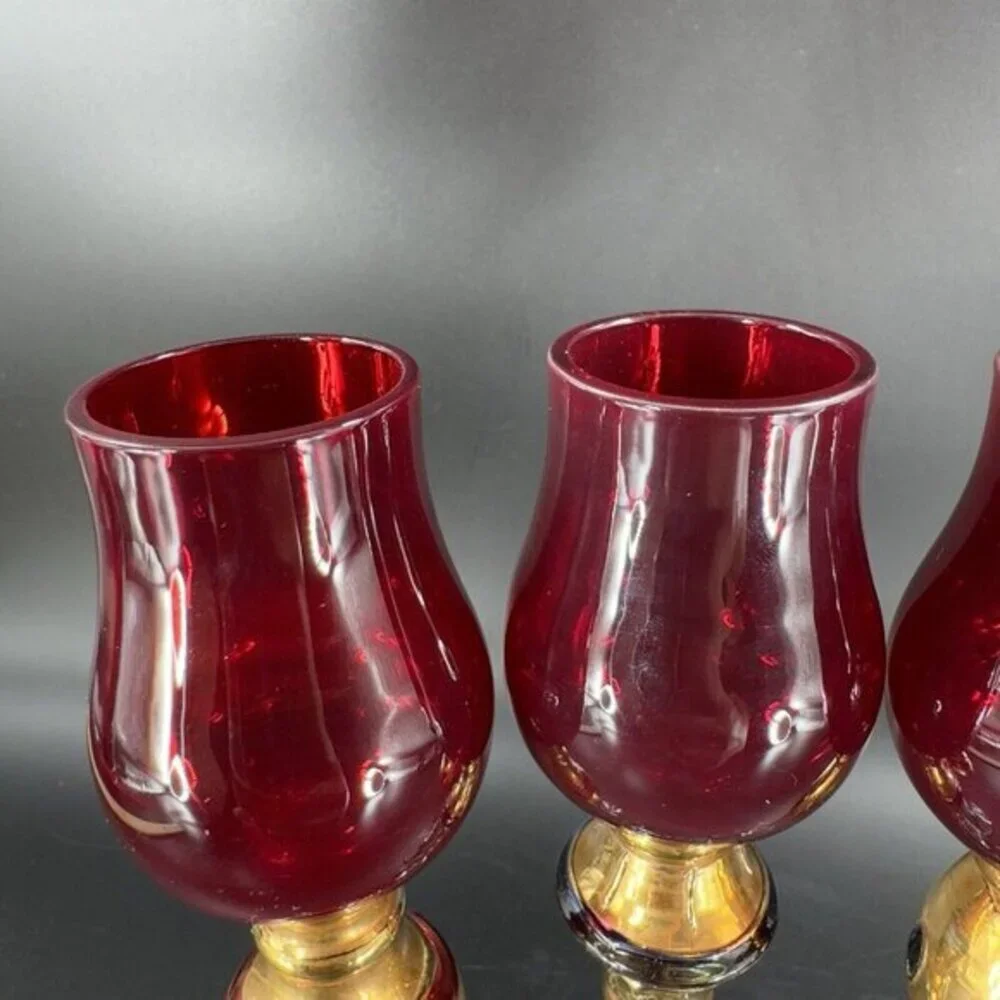 Bombay Company Romanov Ruby Gold Long Stem Cordial Glasses Cadmium UV Glow Set 3